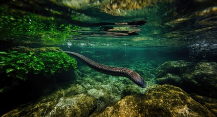 A European eel navigating through river vegetation and rocks