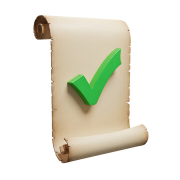 Green checkmark on a rolled parchment isolated on transparent background