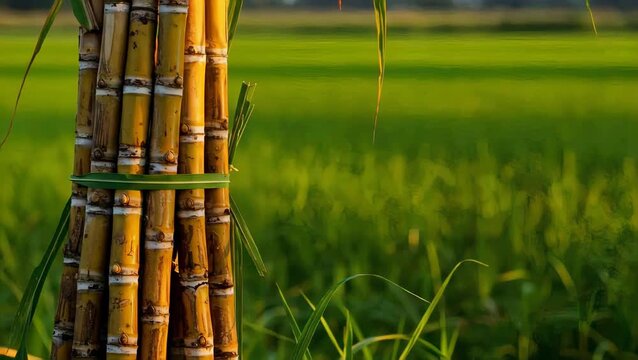 A bundle of harvested sugarcane stalks tied together with twine, standing in a lush green field under natural light.