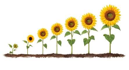 Artistic representation of sunflower growth stages from seedling through blossom on white
