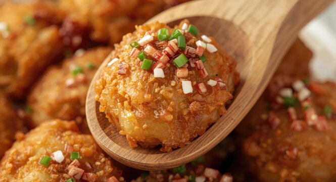 Close up of deep fried onion bulb and shallot sprinkles in wooden scoop