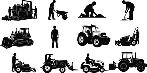 Construction workers and machinery silhouettes with tractor bulldozer lawn mower labor equipment black vector illustration isolated collection © Nayan