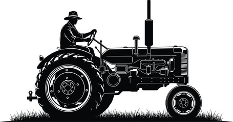 Farmer driving vintage tractor on farmland agriculture machinery black vector illustration rural farming equipment isolated on white © Nayan