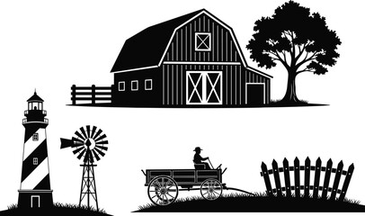 Rural farm buildings silhouettes with barn windmill lighthouse wagon and fence countryside agriculture black vector illustration set © Nayan