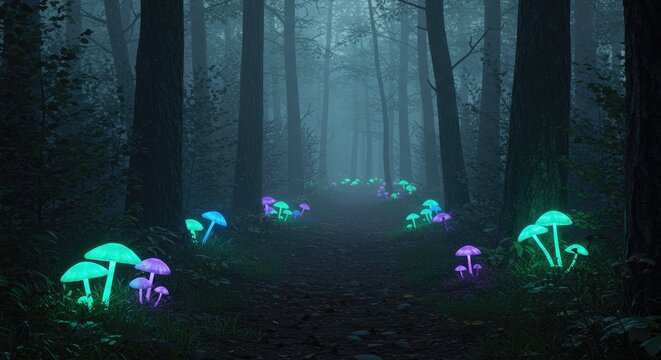 Mystical forest path illuminated by glowing mushrooms at dusk