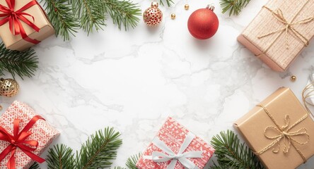 Obraz premium Christmas gift boxes and winter holiday greeting card on white marble surface showcasing festive flat lay composition