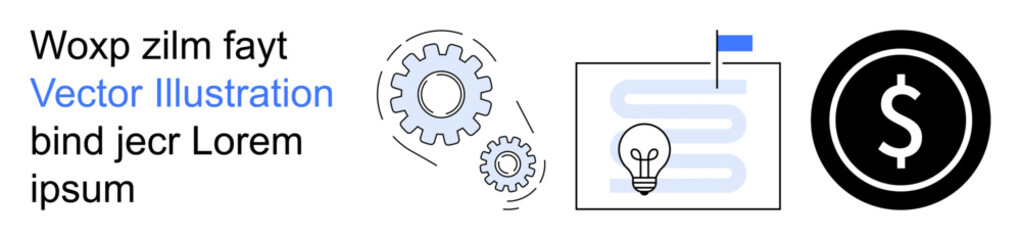 Obraz premium Business strategy, process planning, innovation, decision-making, financial management, creativity. Gears, lightbulb map with a flag and dollar sign. Strategy and process planning concept