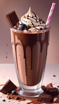 Rich chocolate milkshake with whipped cream, drizzle, and bar piece
