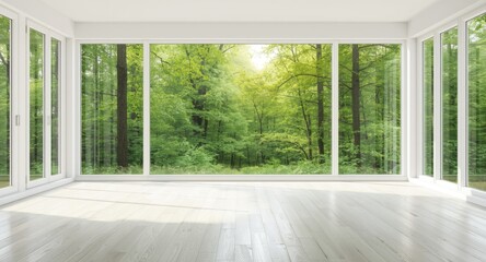 Bright empty room with green scenery visible through large windows as interior design background for Earth Day