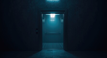Elevator doors wide open in dark emptiness enhanced by neon fog light