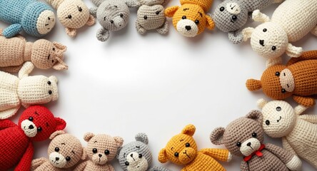 Fototapeta premium Creative assortment of knitted dolls and crocheted animals in flat lay with copy space