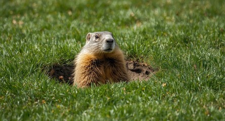 Fototapeta premium Bright groundhog rising from its spring burrow in fresh green grass