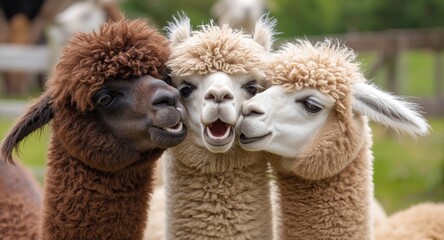 Fototapeta premium Cheerful furry llama kids enjoying playful affection outside