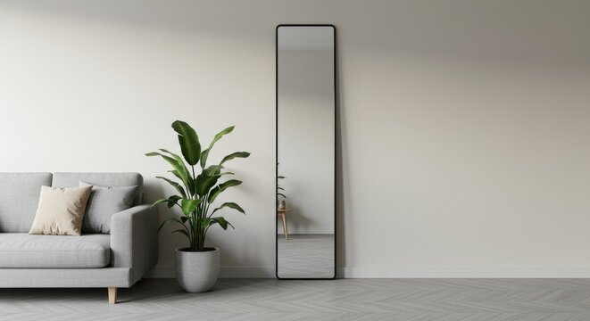 Modern interior design with a full length mirror and potted plant decor