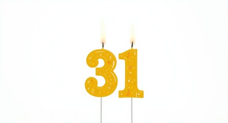 Obraz premium Decorative yellow birthday candles number 31 with bright flames isolated on white for festive birthday scenes