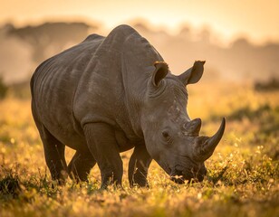 Fototapeta premium Rhino grazes in golden light, savanna background, majestic and powerful creature