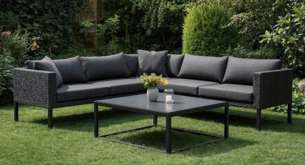 Naklejka premium Black corner sofa with inviting gray cushions and a contemporary metal coffee table in a green garden space