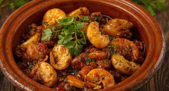Clay cooked Chilean chupe with assorted seafood and classic seasoning blend
