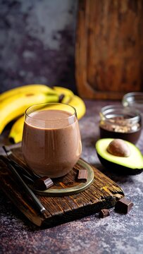 Rich, dark chocolate smoothie drink on wooden board, avocado, bananas, rustic setting