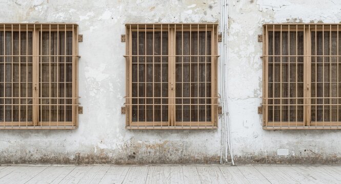 antique beige iron window frames combined with rough white floor surface background