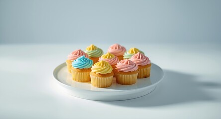 Obraz premium Decorated cupcakes with colorful icing on a white plate set against a smooth white backdrop