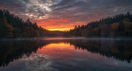 Atmospheric autumn sunset over still and reflective forest lake