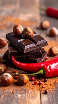 Rich, dark chocolate stack with hazelnuts and red chili on rustic wood surface, closeup