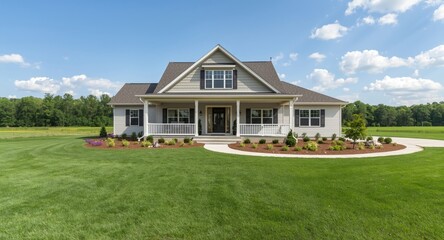 New custom home offering large front porch and well-groomed yard area