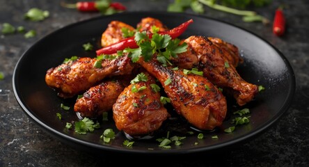 Fototapeta premium Black serving plate containing roasted chicken wings combined with fresh cilantro and spicy chili peppers
