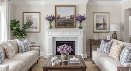 Naklejka premium Charming living room with a white fireplace accented by lavender blooms and framed photo art