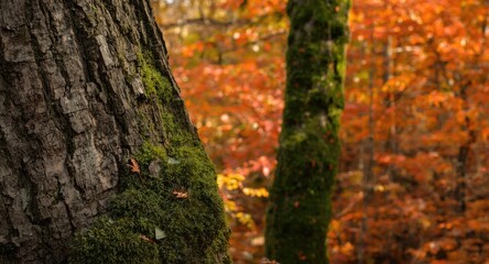 Obraz premium Softly focused mossy bark on forest trees during vibrant fall season