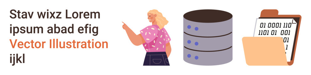 Data analysis, technology education, digital storage, coding systems, IT management, information organization. Woman pointing, database icon file folder with binary coding. Data analysis © robu_s