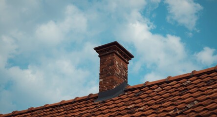 Chimney pot perched on terracotta tiled rooftop with a calm cloudy blue sky