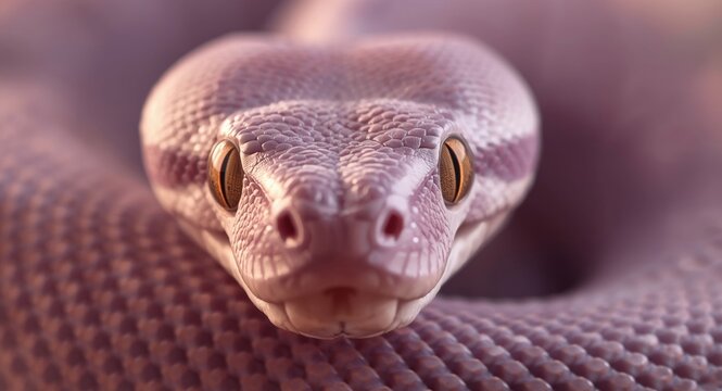 Close view of lavender albino ball python's head and eyes