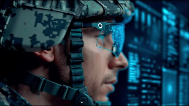 Defense tech military systems. Defense tech military modernization. Defense tech aerospace security. Soldier wearing digital tactical helmet and smart glasses with data overlay