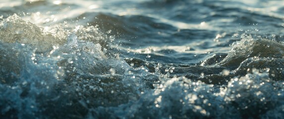 Obraz premium Dynamic water waves with bubbles and splashes in a sunlit abstract natural setting providing copy space