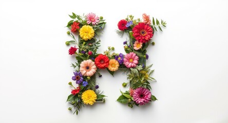 Obraz premium Creative floral letter H typography on a white backdrop highlighting vibrant natural elements