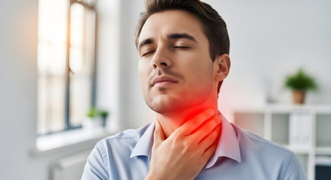 Sore throat symptoms and thyroid health issues. Otolaryngology medicine and flu recovery. Man closing eyes and touching painful glowing red throat area in a bright modern office