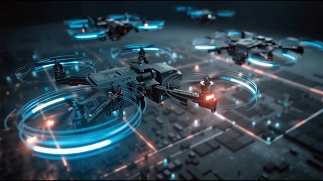 Defense tech military systems. Defense tech military modernization. Defense tech aerospace security. Futuristic drones flying over a digital cityscape with glowing blue and orange lights