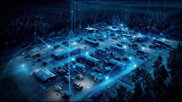 Defense tech military systems. Defense tech military modernization. Defense tech aerospace security. Military base with network connectivity and communication visualization at night