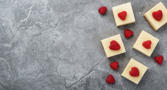 Creamy cheesecake squares with fresh raspberry garnish on a rough gray surface