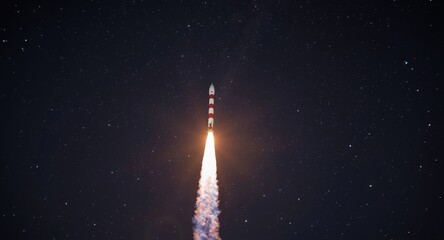 Fototapeta premium Bricks rocket streaking upward in starry night sky