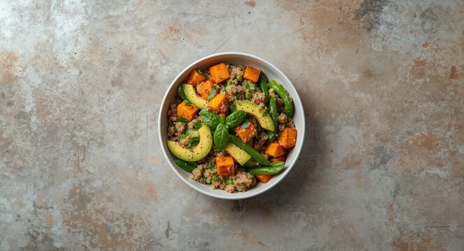 Bright vegetarian quinoa salad composed of avocado sweet potato beans and herbs arranged on rustic concrete background