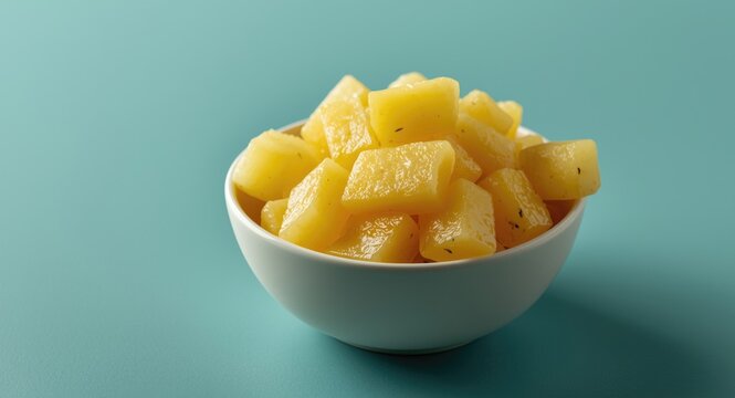 Clean ceramic bowl featuring tropical canned pineapple tidbits