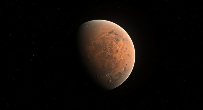 Bright Mars planet captured on a smooth pitch black starless backdrop