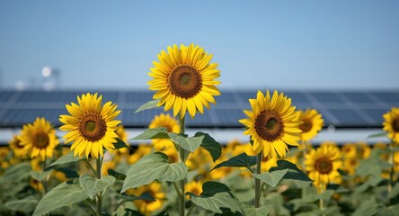 Bright yellow sunflowers standing out against a solar panel rooftop background