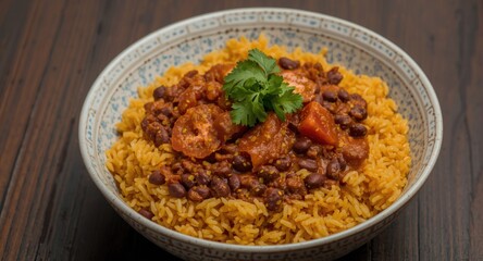 A vibrant bowl of jollof rice and red beans topped with fresh coriander and tomato slices on a dark wooden table
