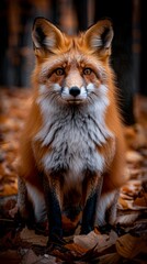 Obraz premium Red fox displays vibrant orange fur and unique facial features while sitting on a bed of autumn leaves in a serene forest environment