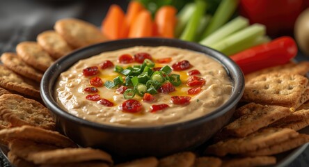 Classic creamy pimento cheese dip paired with crunchy crackers and fresh vegetables