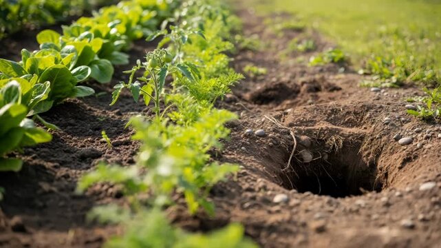 Marmot digging a burrow in a vegetable garden, a pest problem for crop extermination and prevention